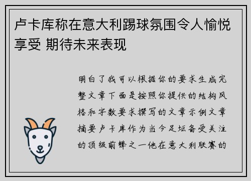 卢卡库称在意大利踢球氛围令人愉悦享受 期待未来表现
