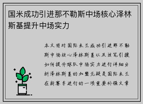 国米成功引进那不勒斯中场核心泽林斯基提升中场实力