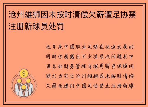 沧州雄狮因未按时清偿欠薪遭足协禁注册新球员处罚