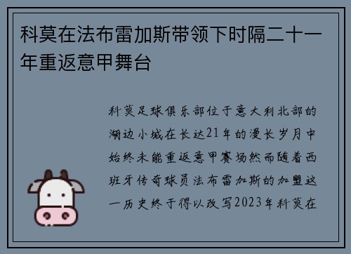 科莫在法布雷加斯带领下时隔二十一年重返意甲舞台 科莫在法布雷加斯带领下时隔二十一年重返意甲舞台